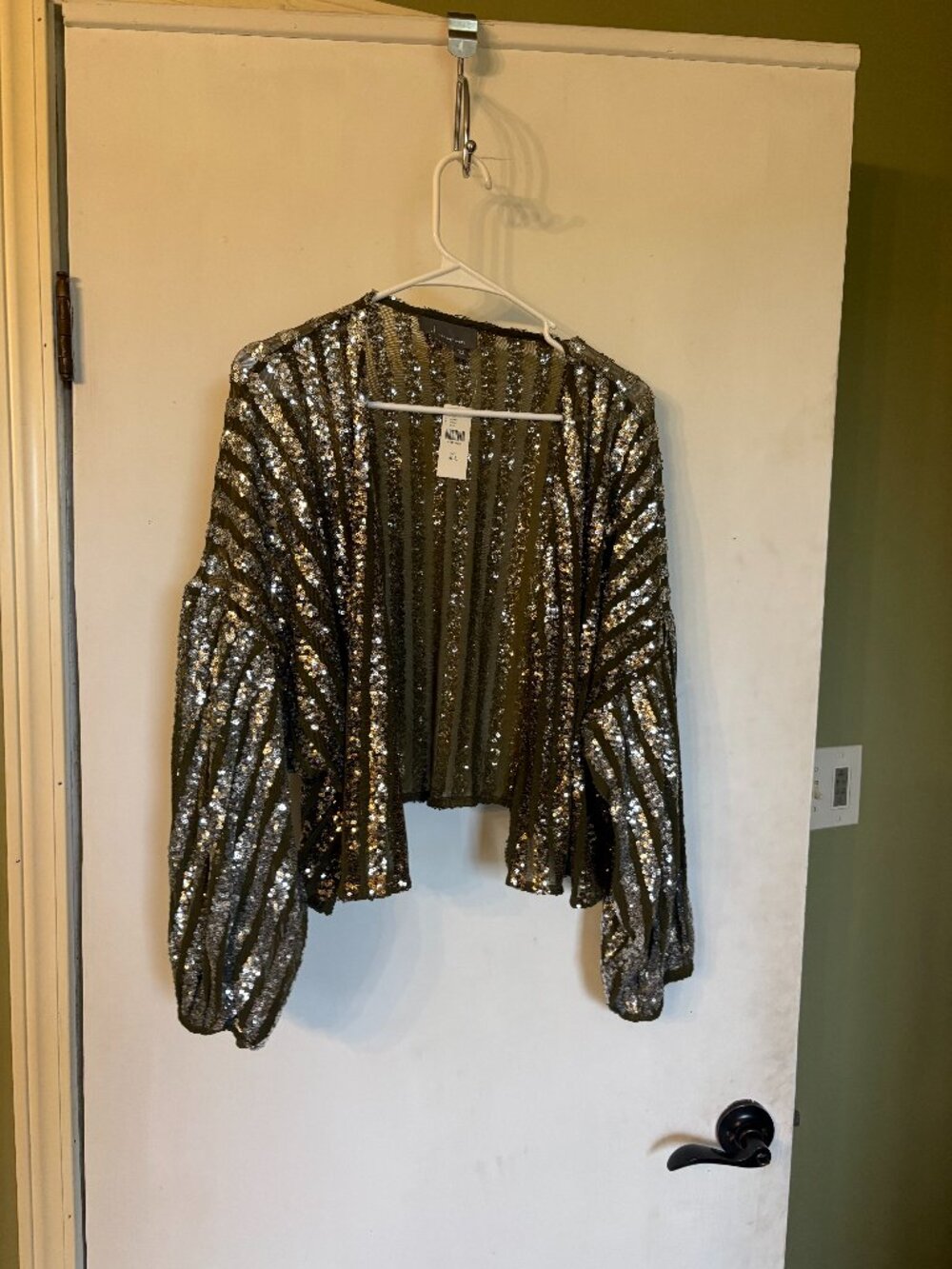 Anthropologie Olive Green and Silver Sequin Striped Open Cardigan Jacket